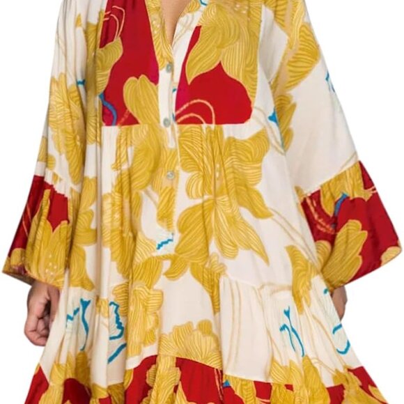 Womens Boho Floral Button V-Neck Dress Lightweight Casual Summer Midi - Picture 1 of 5